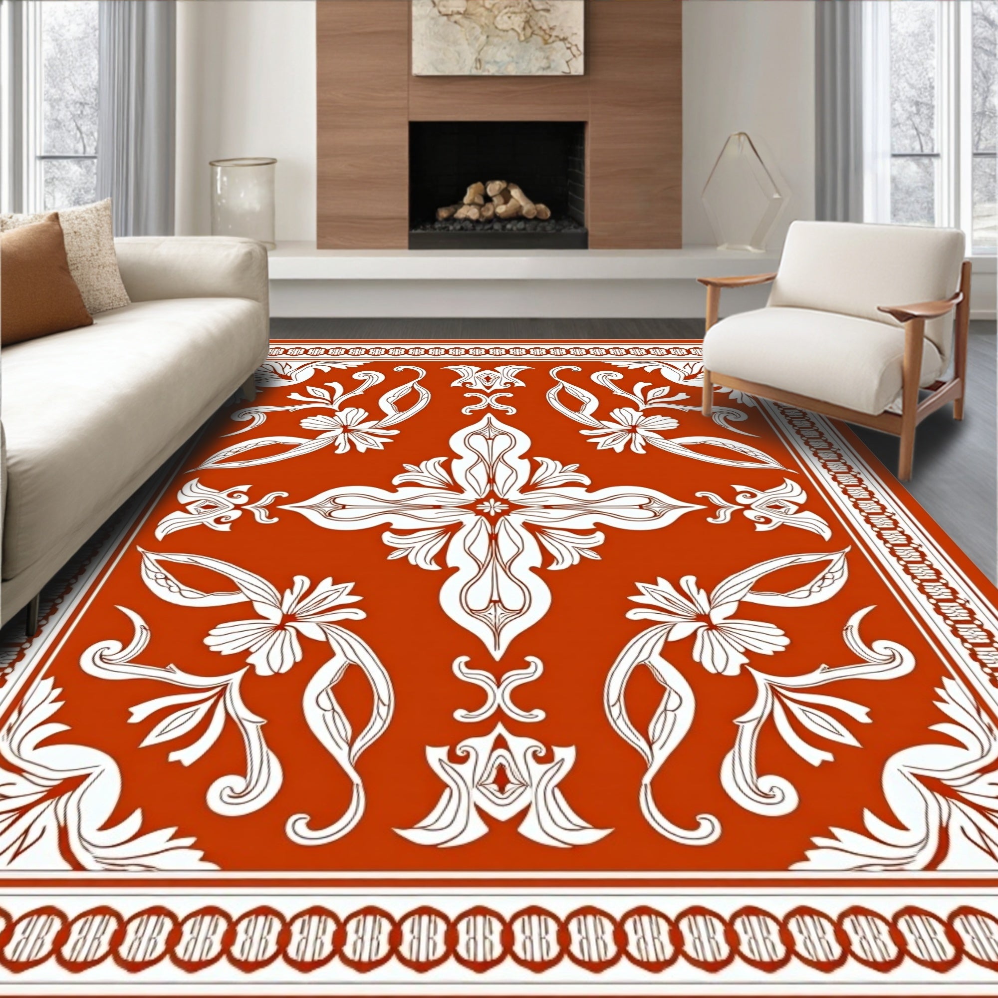 Terracotta White Floral Scroll Medallion Rug