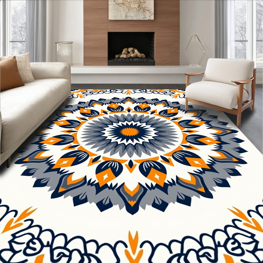 Orange Navy Gray Floral Medallion Rug