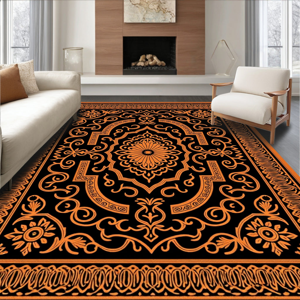 Orange Black Ornate Medallion Scroll Rug