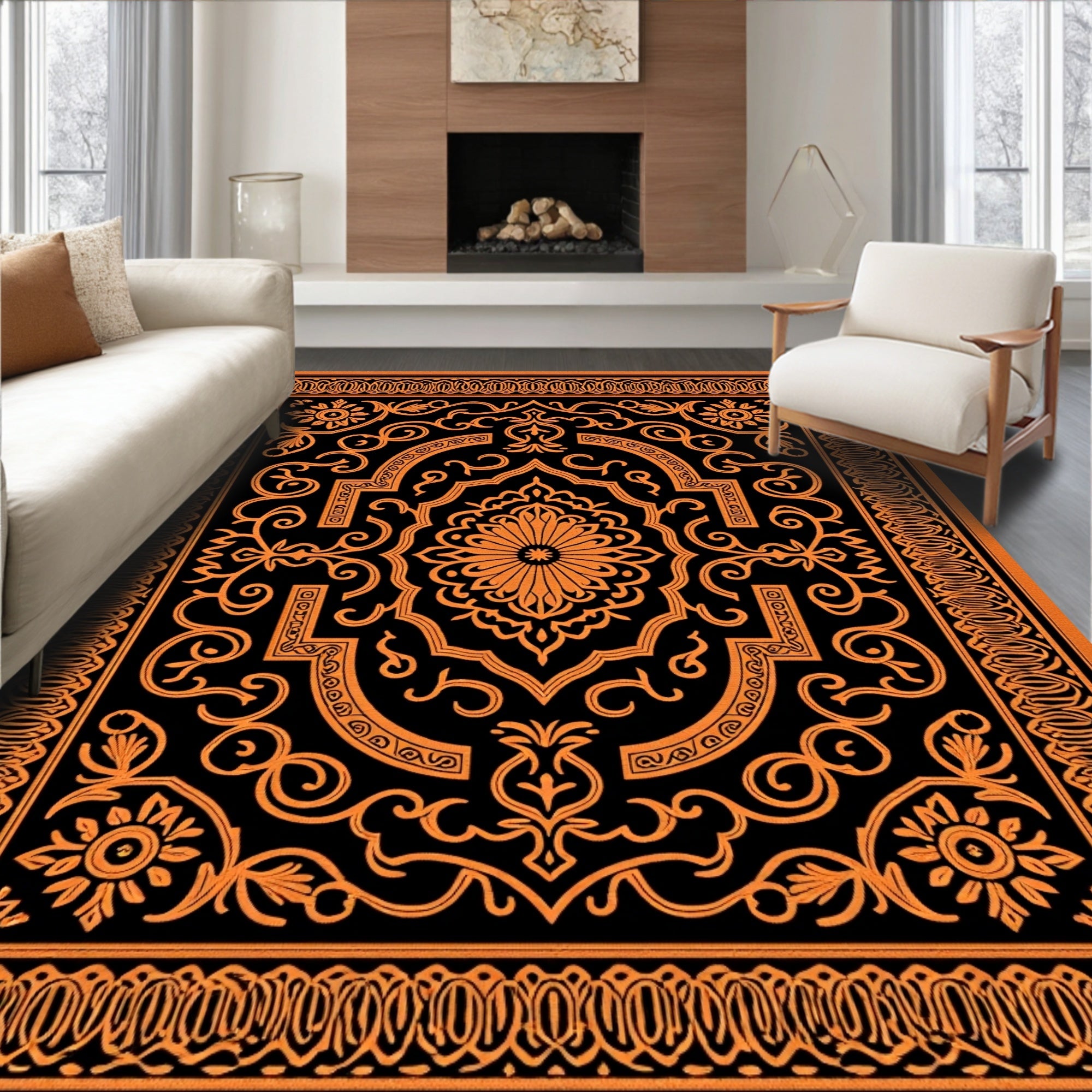 Orange Black Ornate Medallion Scroll Rug