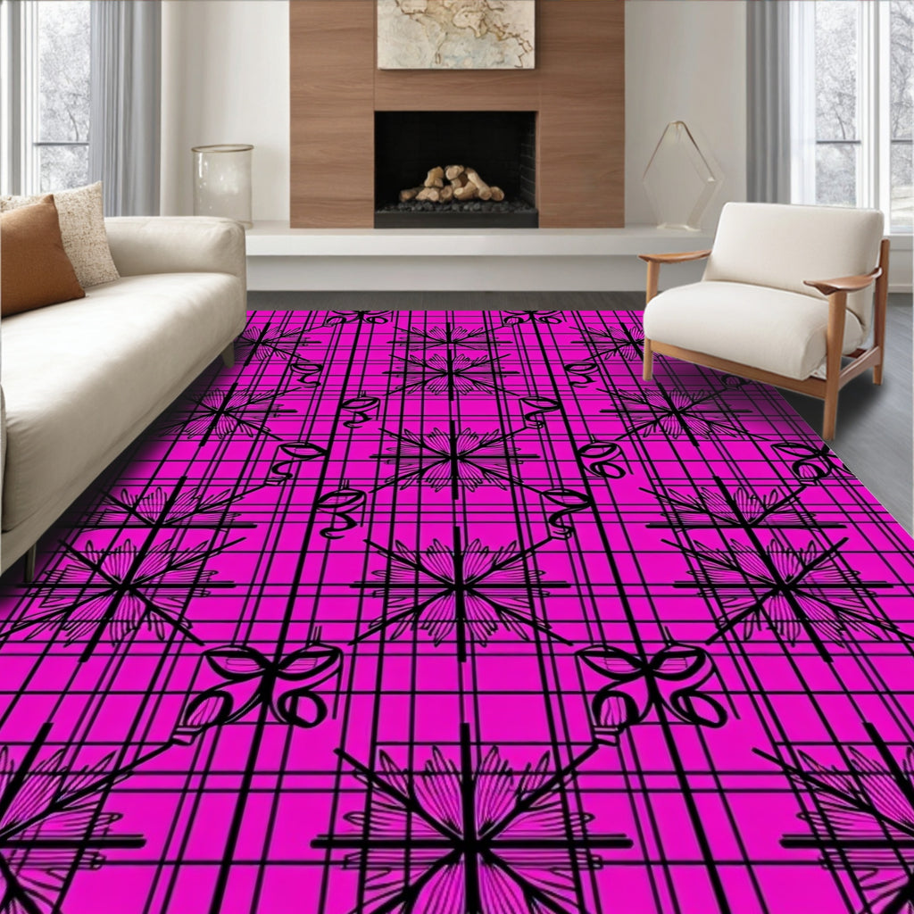 Bold Black Starburst Pink Grid Rug
