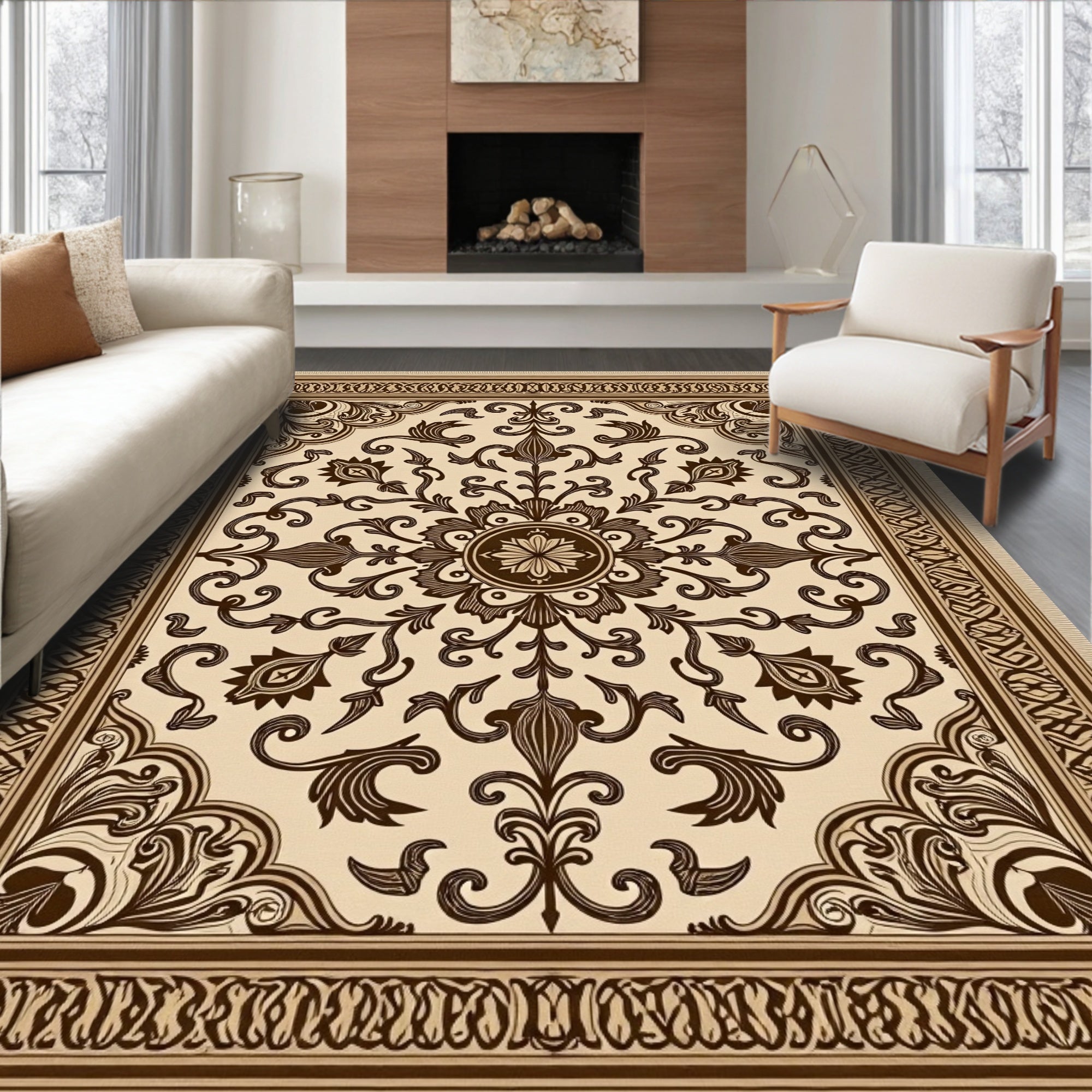 Vintage Cream Brown Floral Medallion Rug