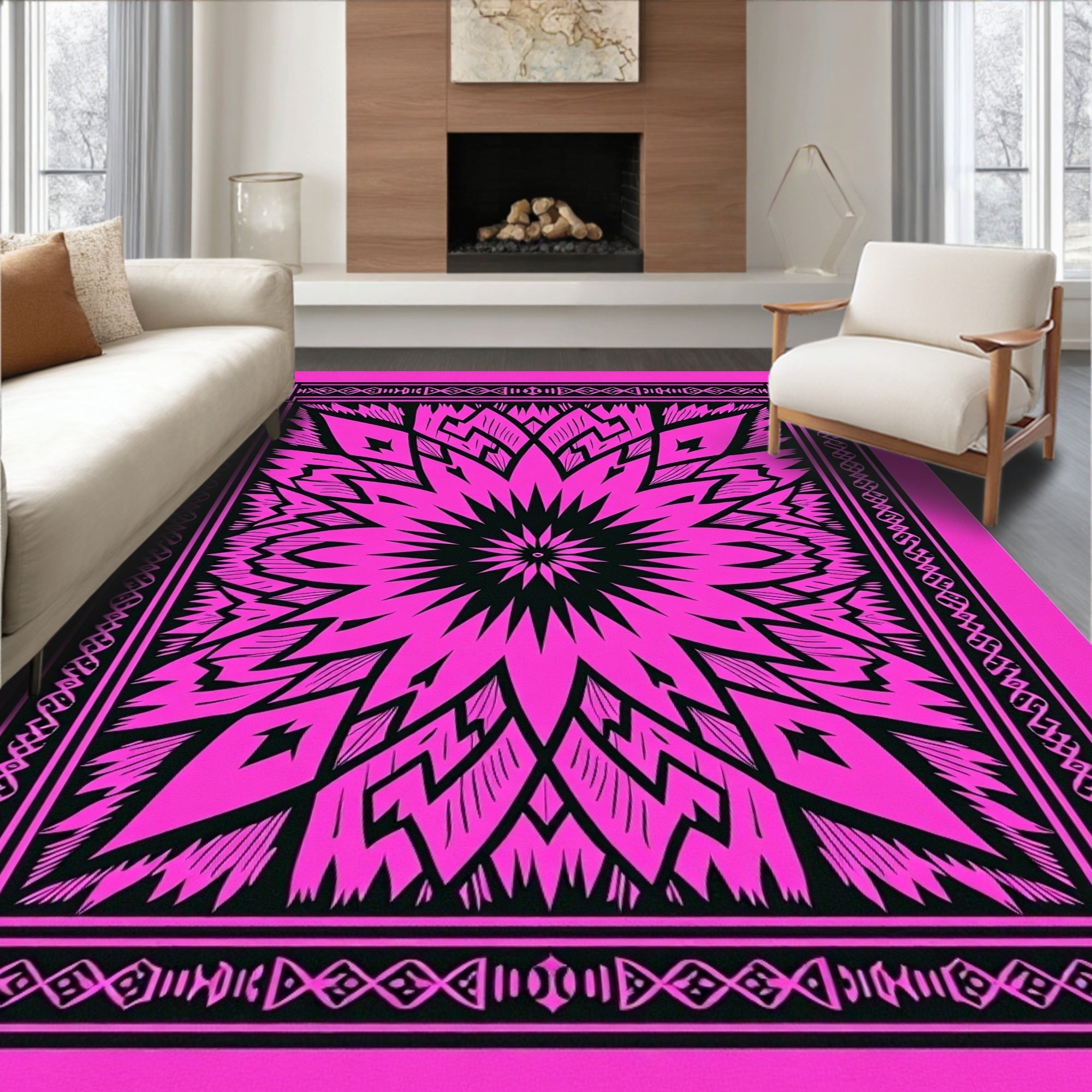 Vibrant Pink Starburst Mandala Rug
