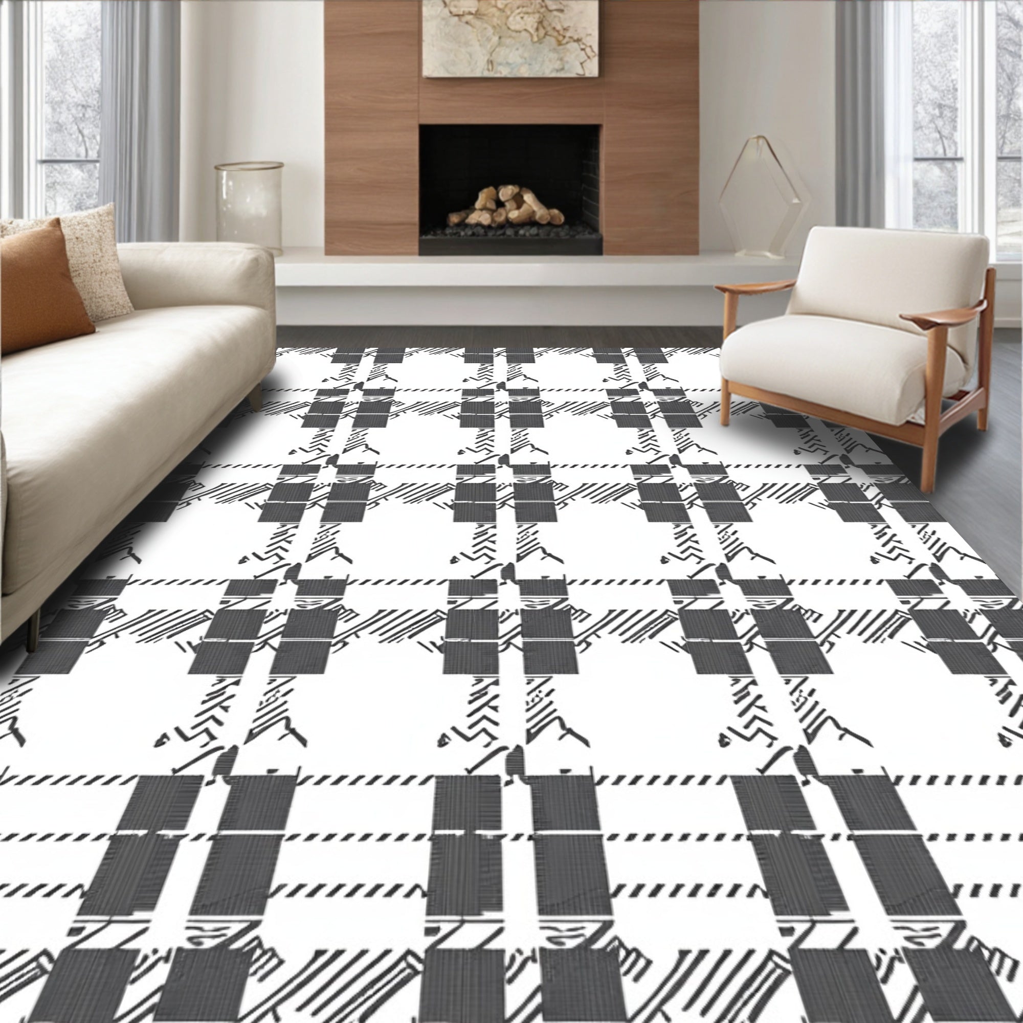 Monochrome Rustic Plaid Check Rug