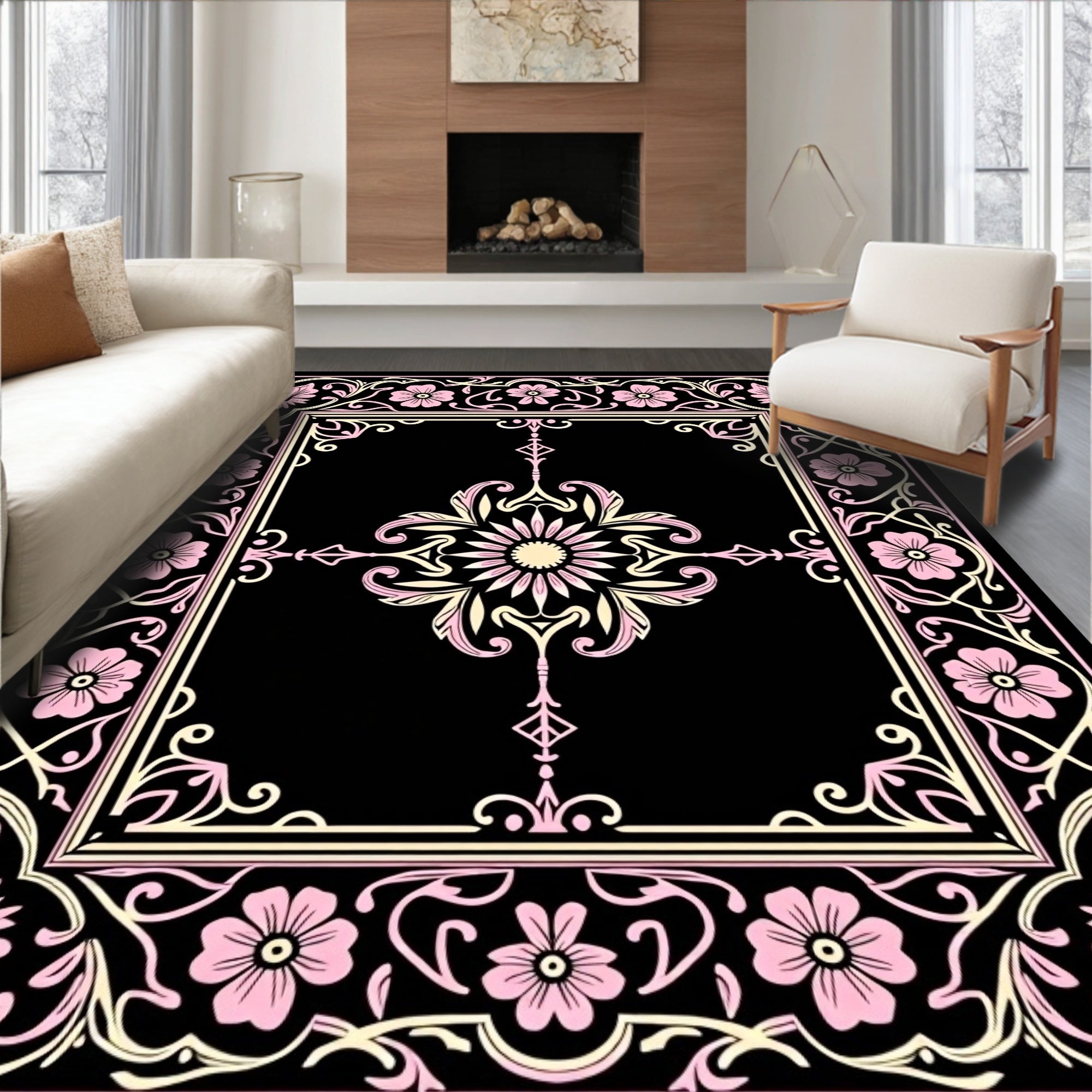 Black Pink Floral Art Nouveau Frame Rug
