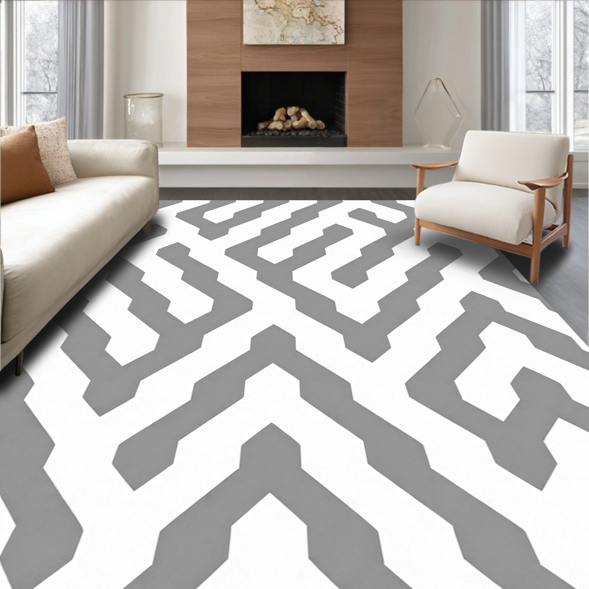 Geometric White and Gray Maze Rug