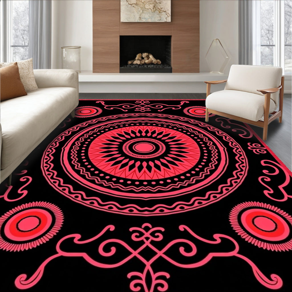 Bold Red Sunburst Mandala Rug