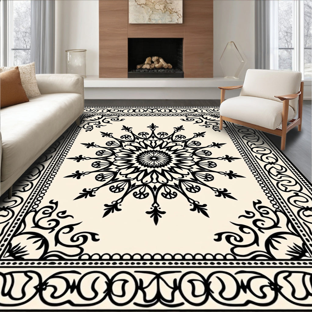 Black Sunburst Mandala Border Rug