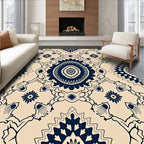 Navy Blue Medallion Floral Cream Rug