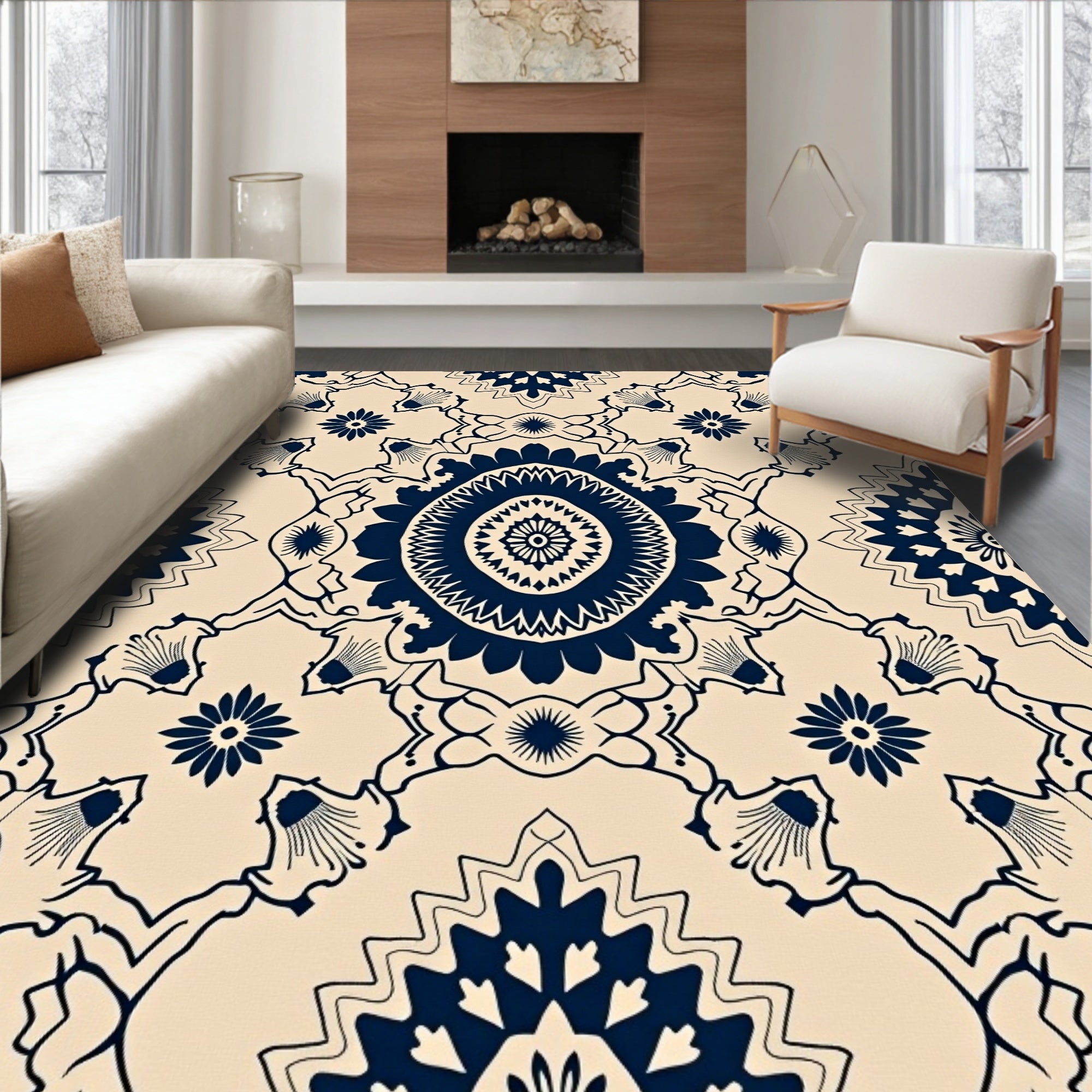 Navy Blue Medallion Floral Cream Rug