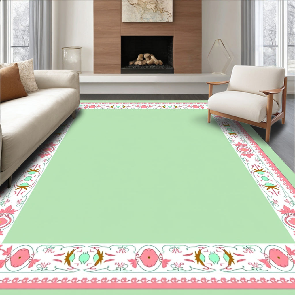 Vintage Pink Floral Foliage Border Rug