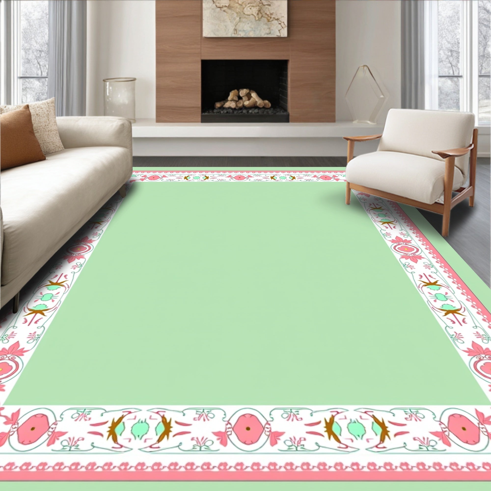 Vintage Pink Floral Foliage Border Rug