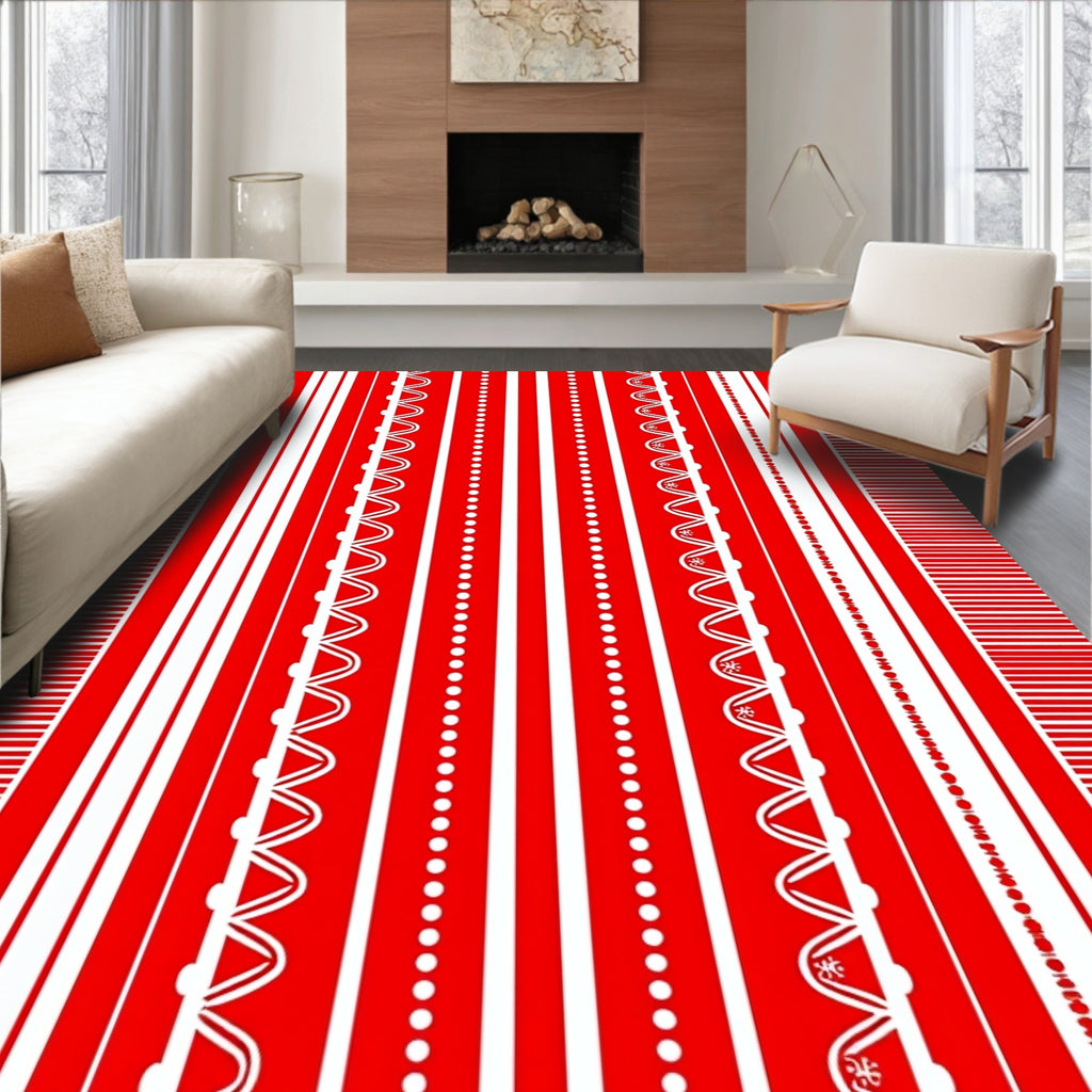 Red White Vertical Stripe Medallion Rug