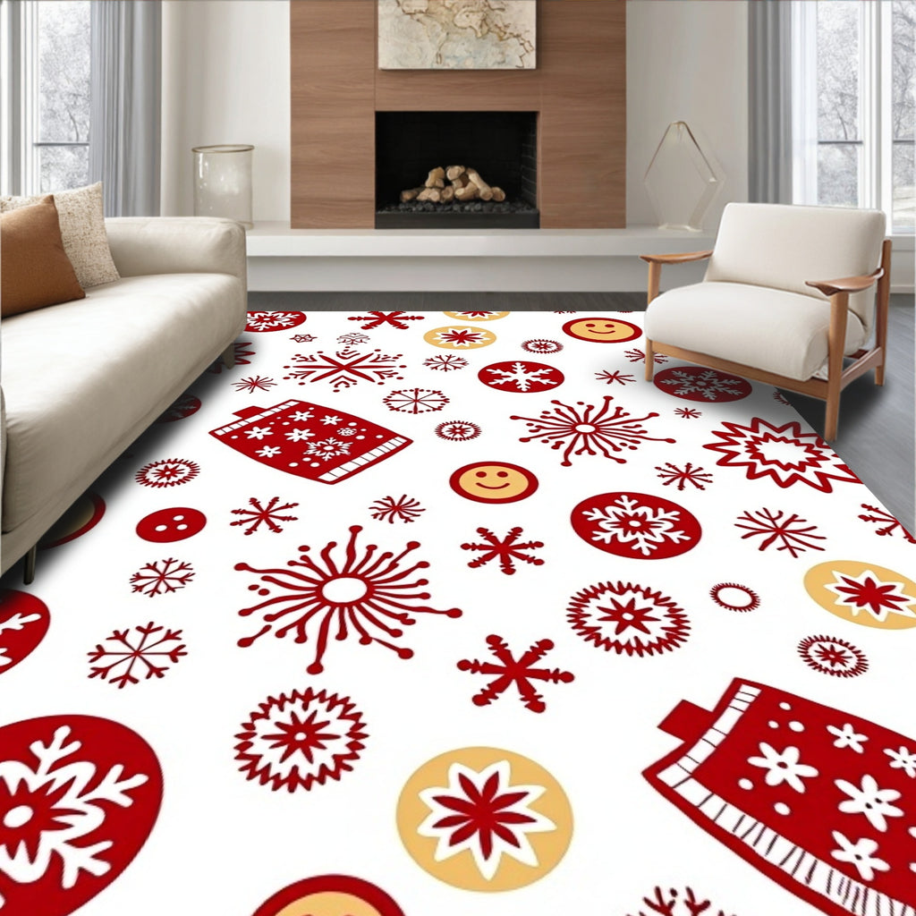 Red Gold Snowflake Mittens Smileys Rug