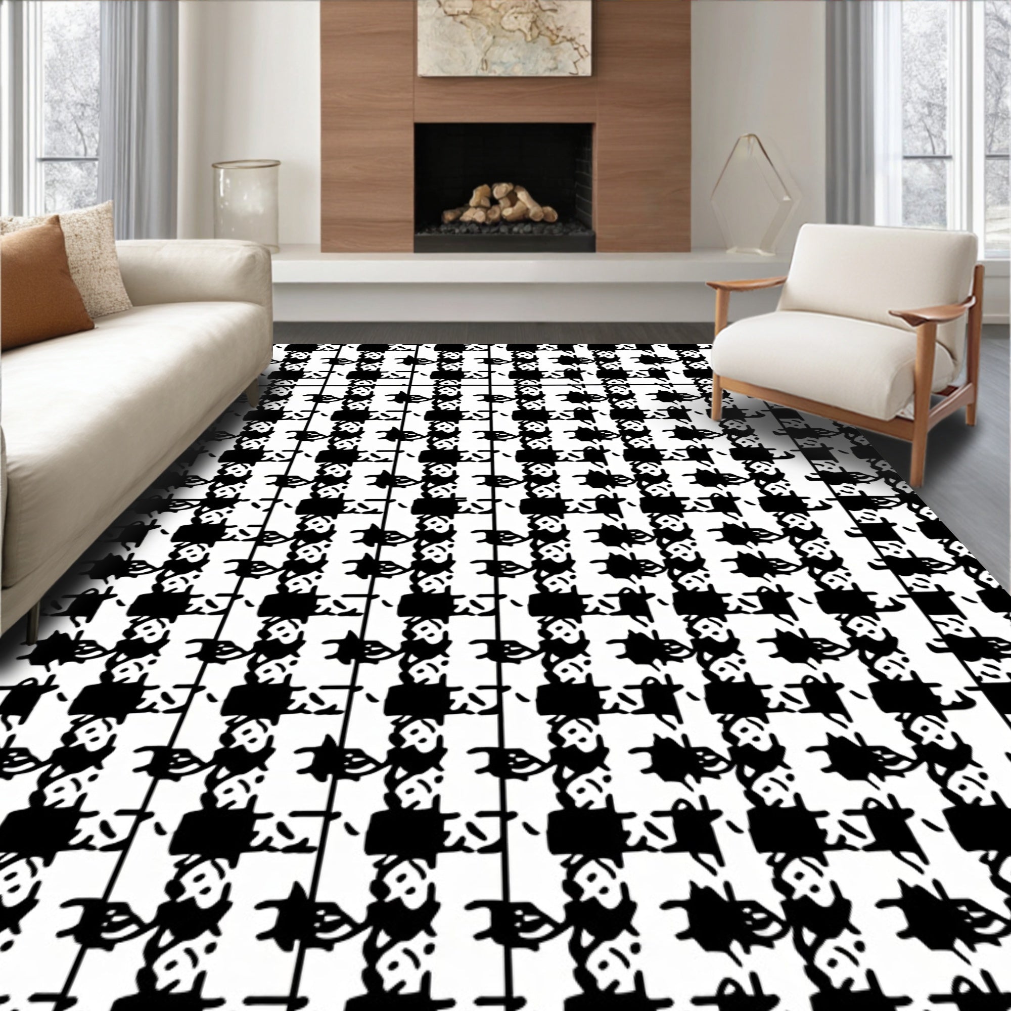 Black And White Geometric Houndstooth Rug