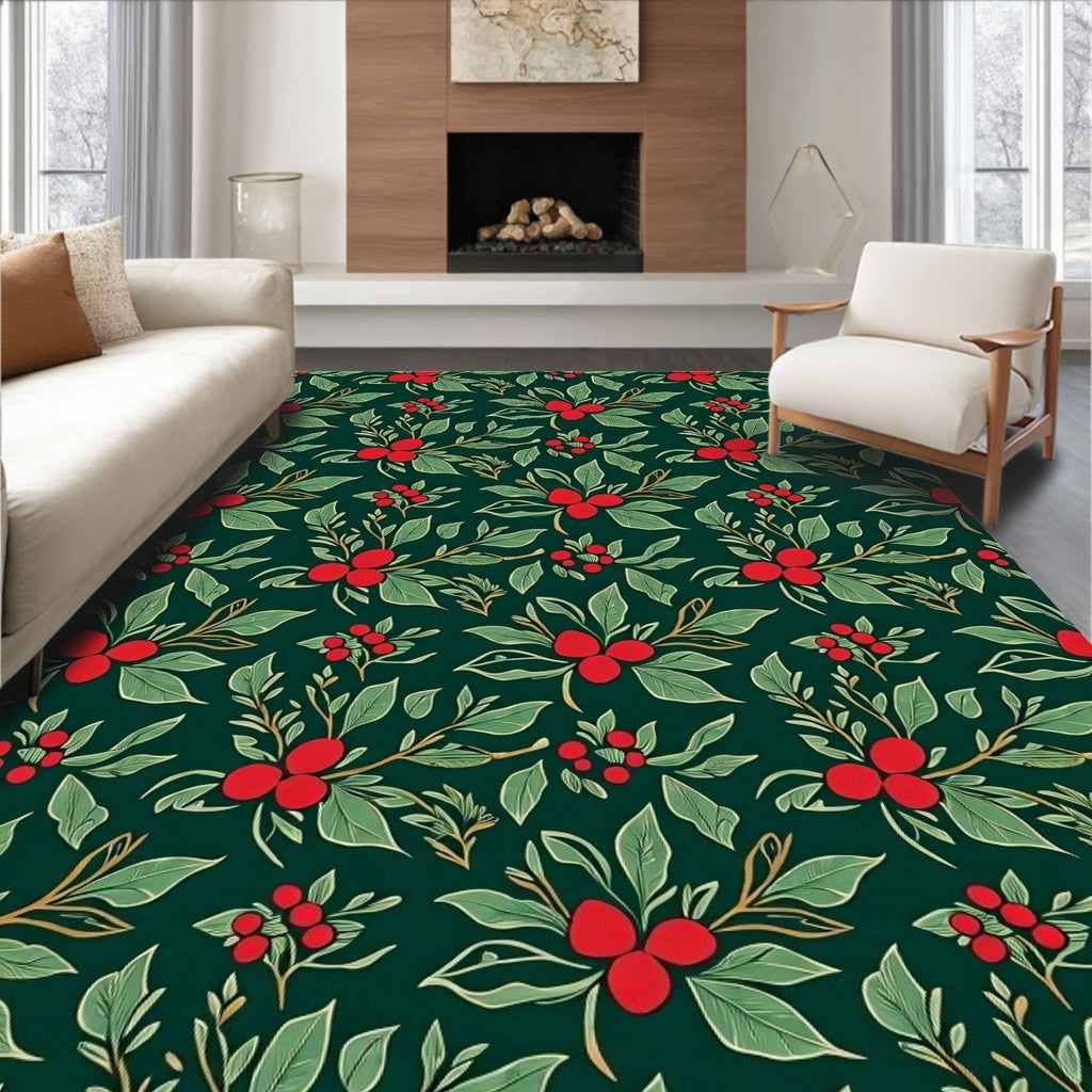 Deep Green Berry Branch Floral Rug