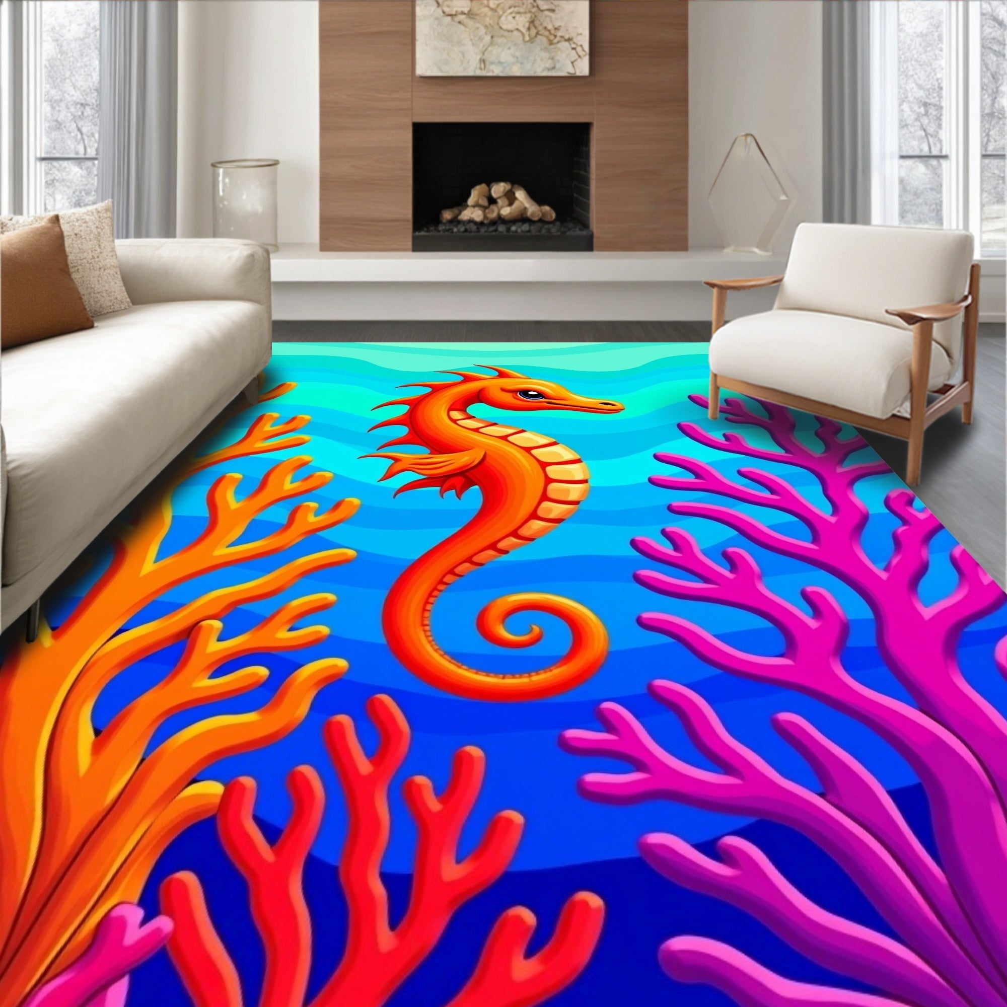 Vibrant Orange Seahorse Coral Reef Rug