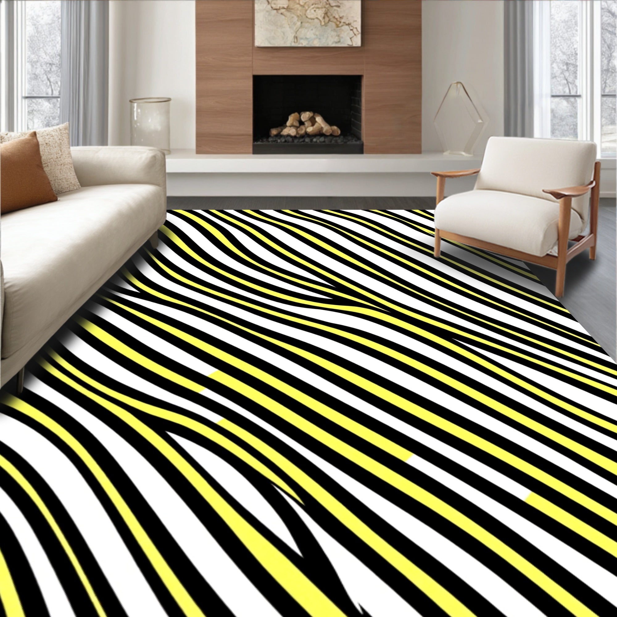 Bold Yellow Black White Wavy Stripes Rug