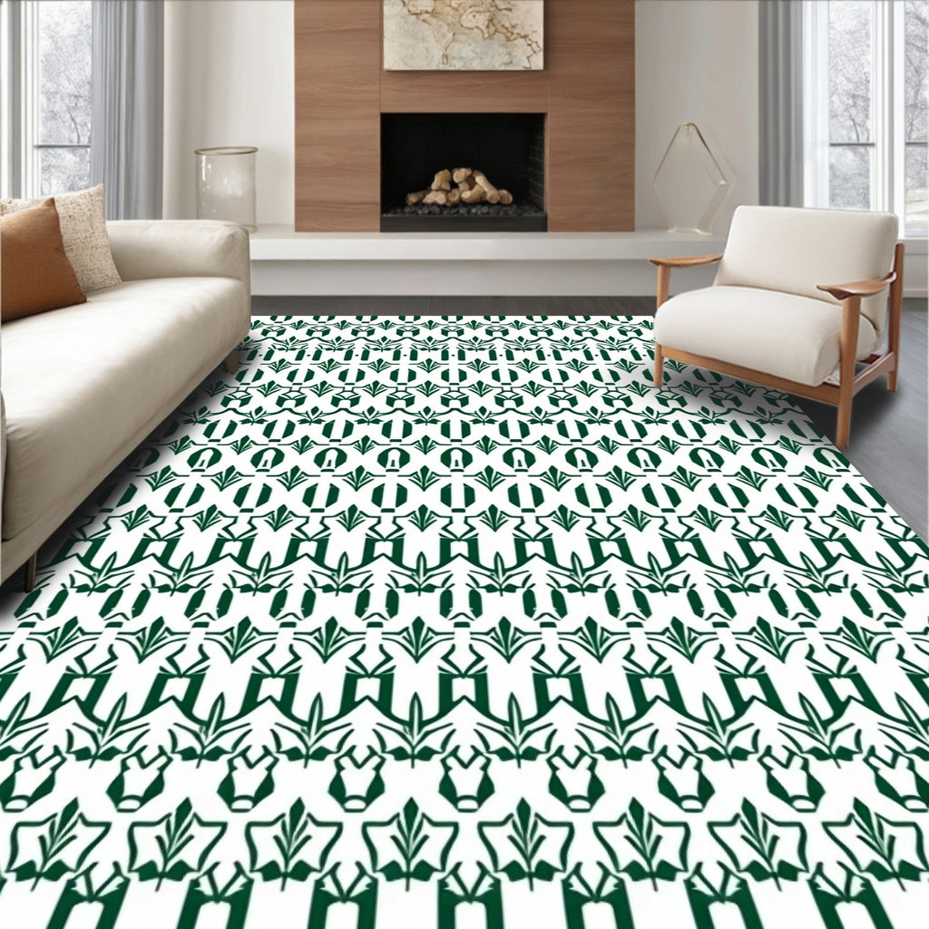 Dark Green Geometric Art Deco Border Rug