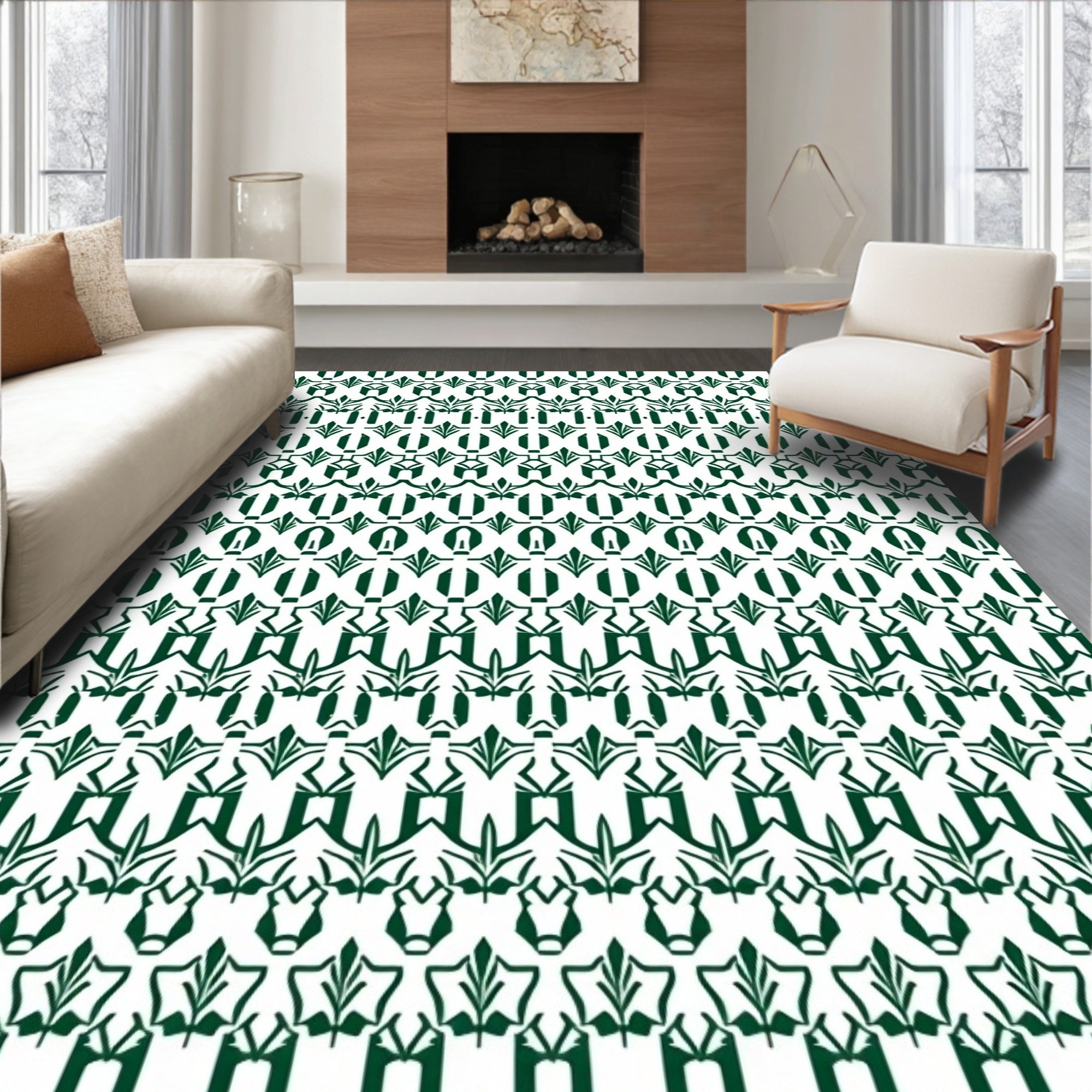 Dark Green Geometric Art Deco Border Rug