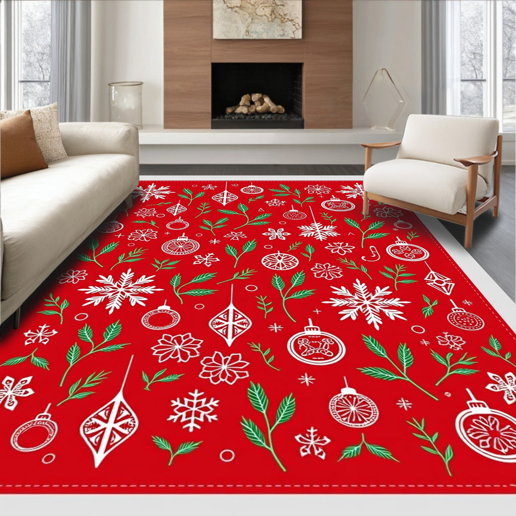 Holiday Red Snowflake Ornament Foliage Rug