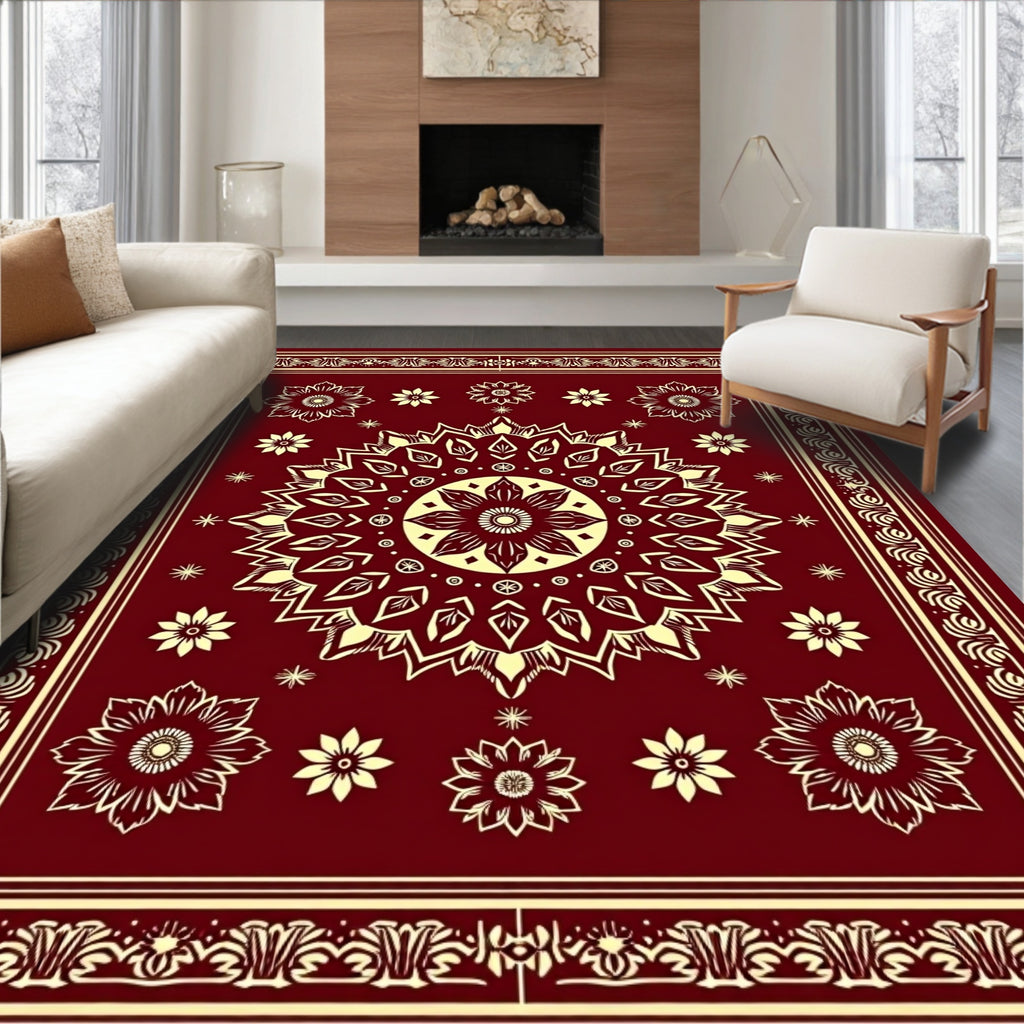 Deep Crimson Mandala Bloom Arrangement Rug
