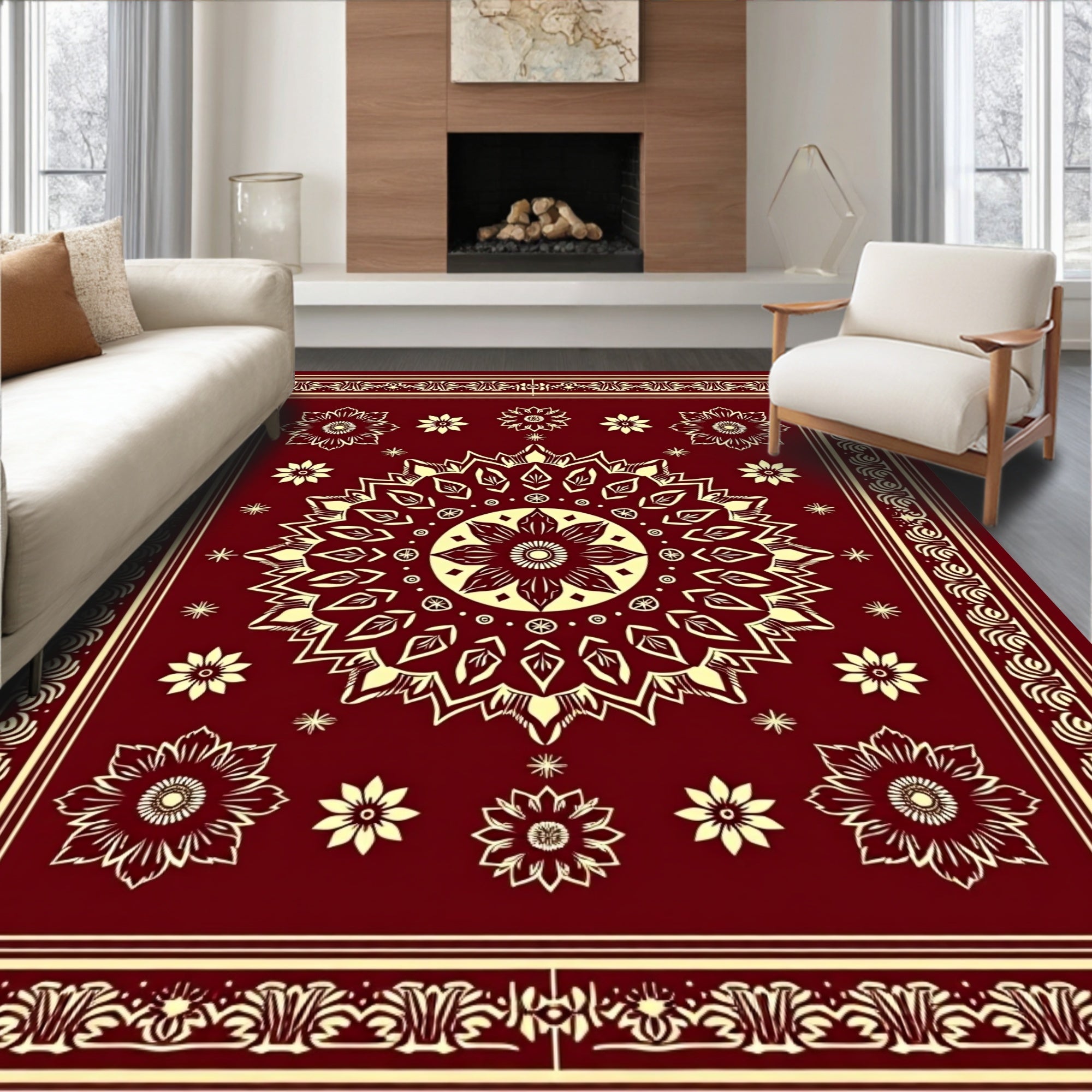 Deep Crimson Mandala Bloom Arrangement Rug