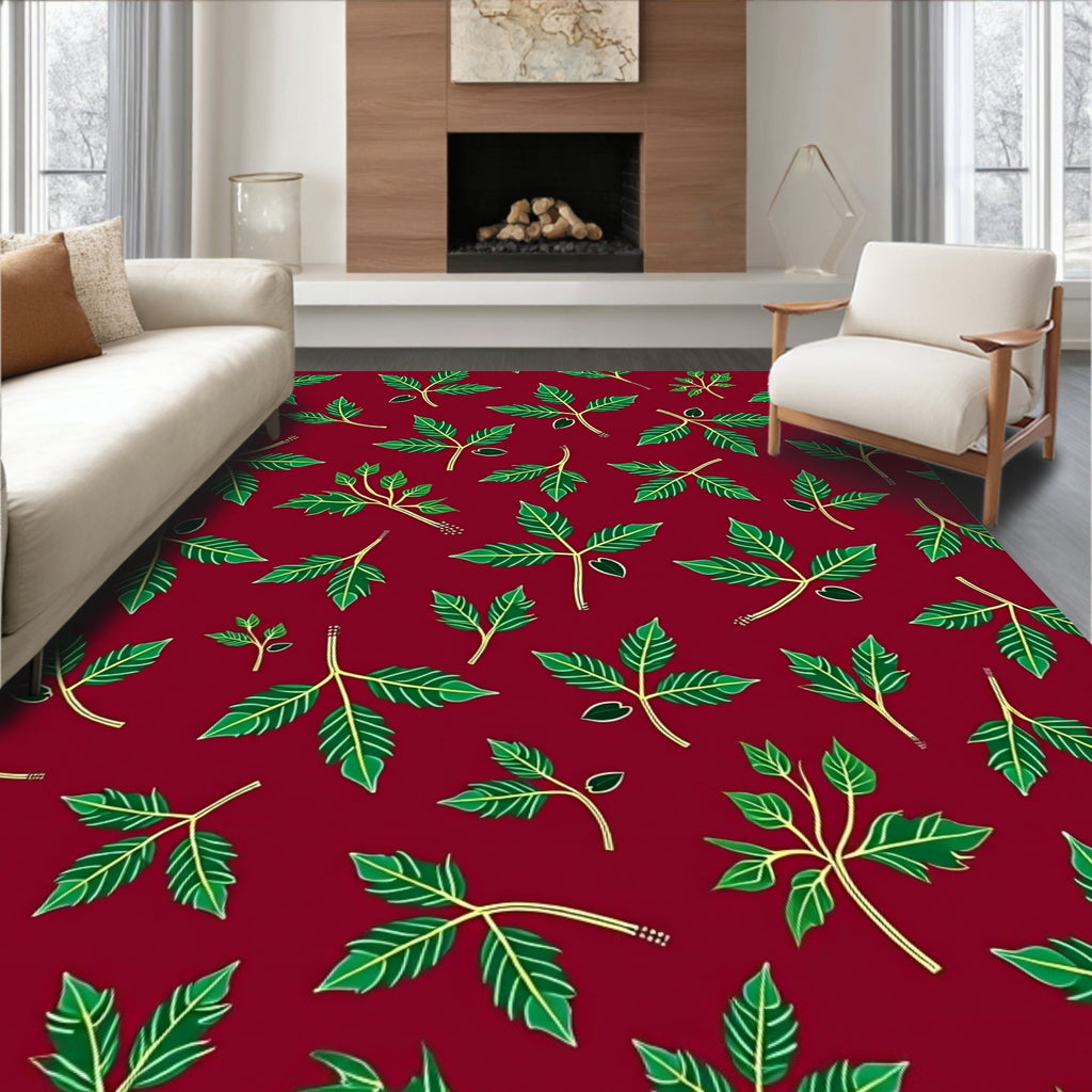 Deep Red Green Leaf Branch Cover Rug