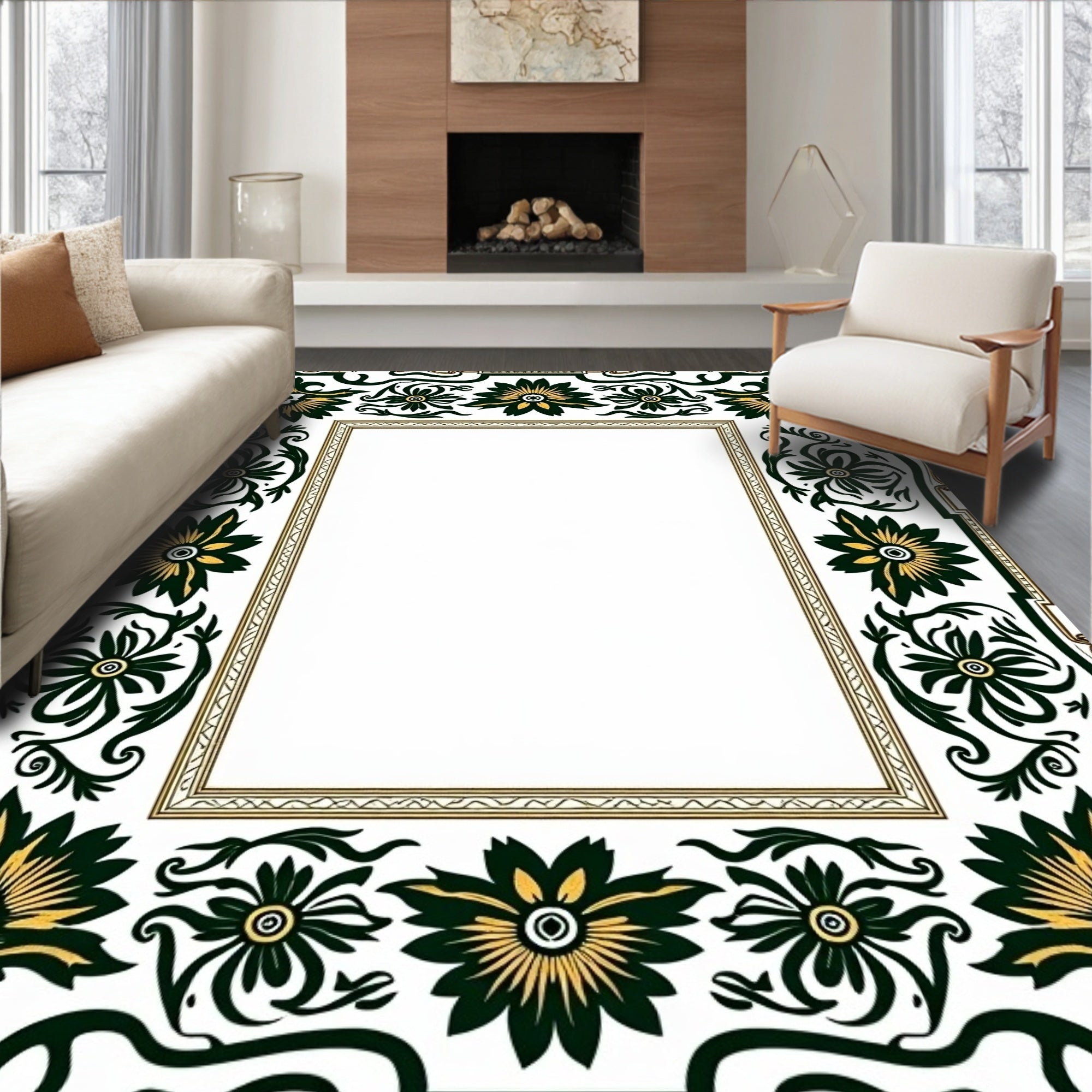 Dark Green Golden Floral Border Rug