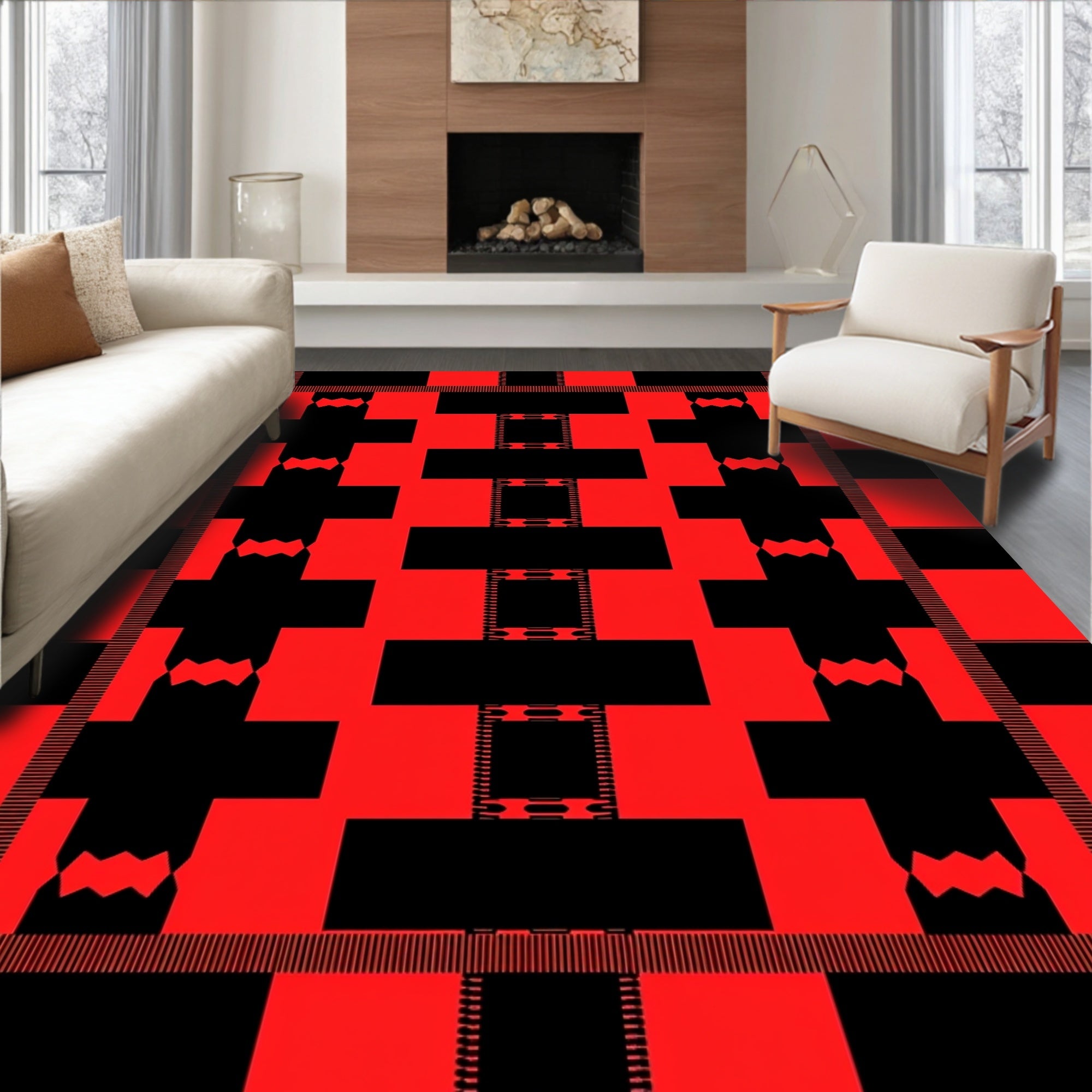 Bold Red Black Geometric Abstraction Rug