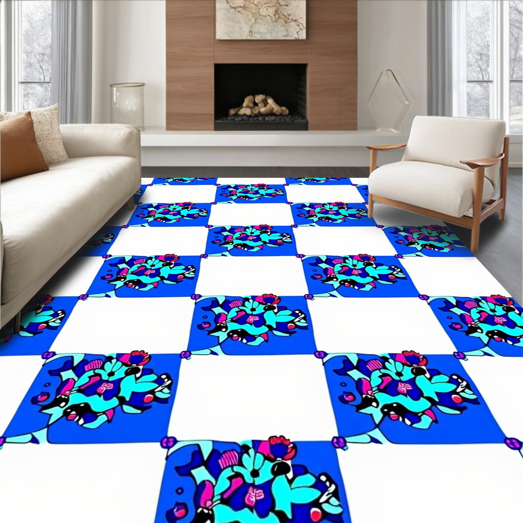 Abstract Blue Floral Checkered Rug