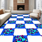 Abstract Blue Floral Checkered Rug