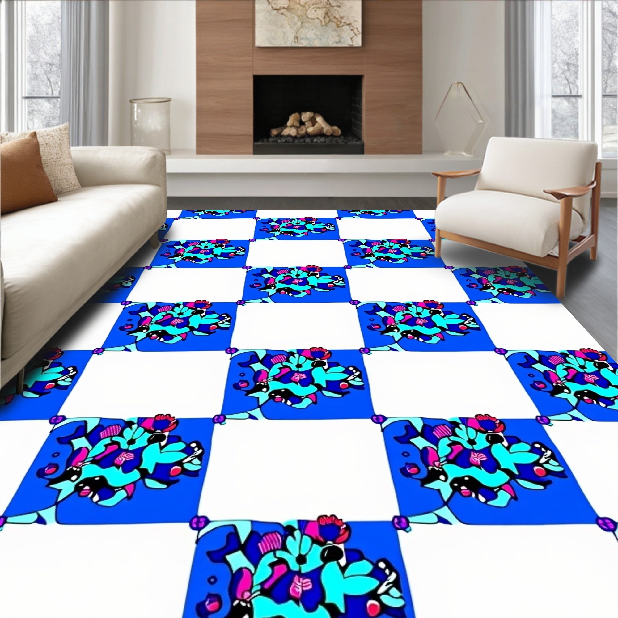 Abstract Blue Floral Checkered Rug