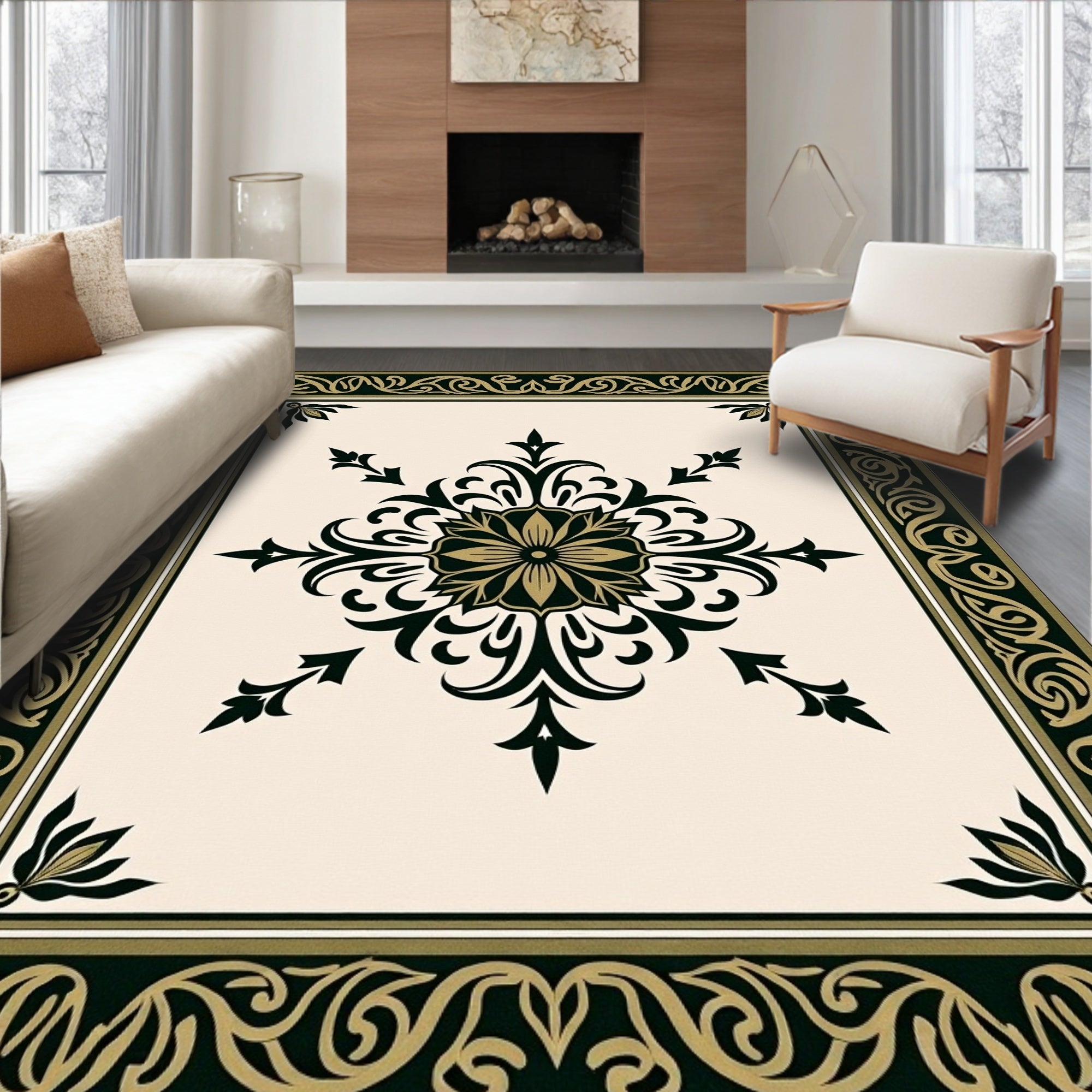 Elegant Black Gold Arabesque Flourish Rug
