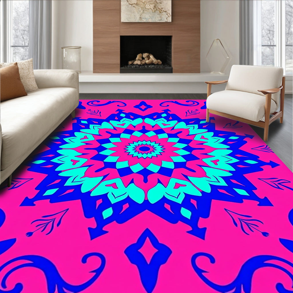Vibrant Pink Blue Mandala Bloom Rug