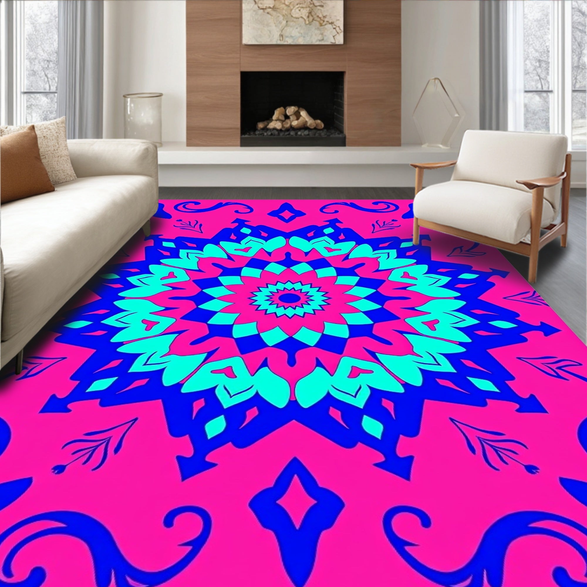 Vibrant Pink Blue Mandala Bloom Rug