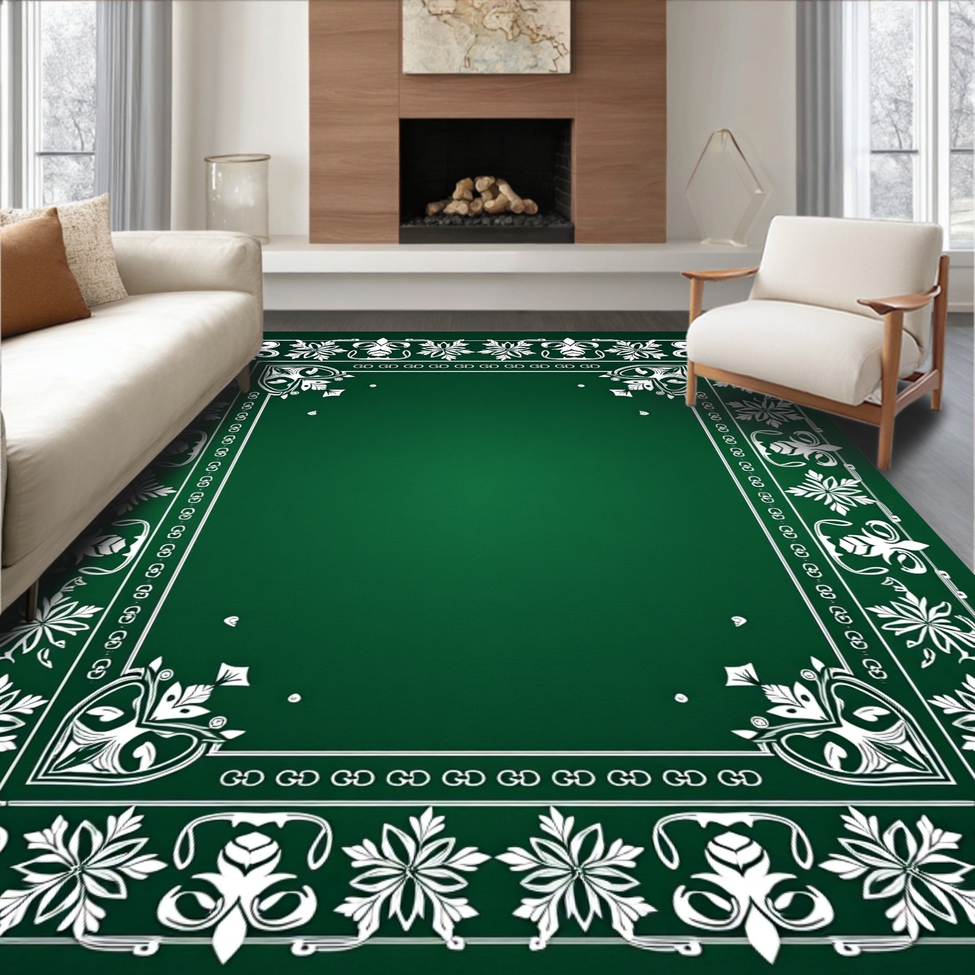 Elegant White Floral Border Emerald Rug