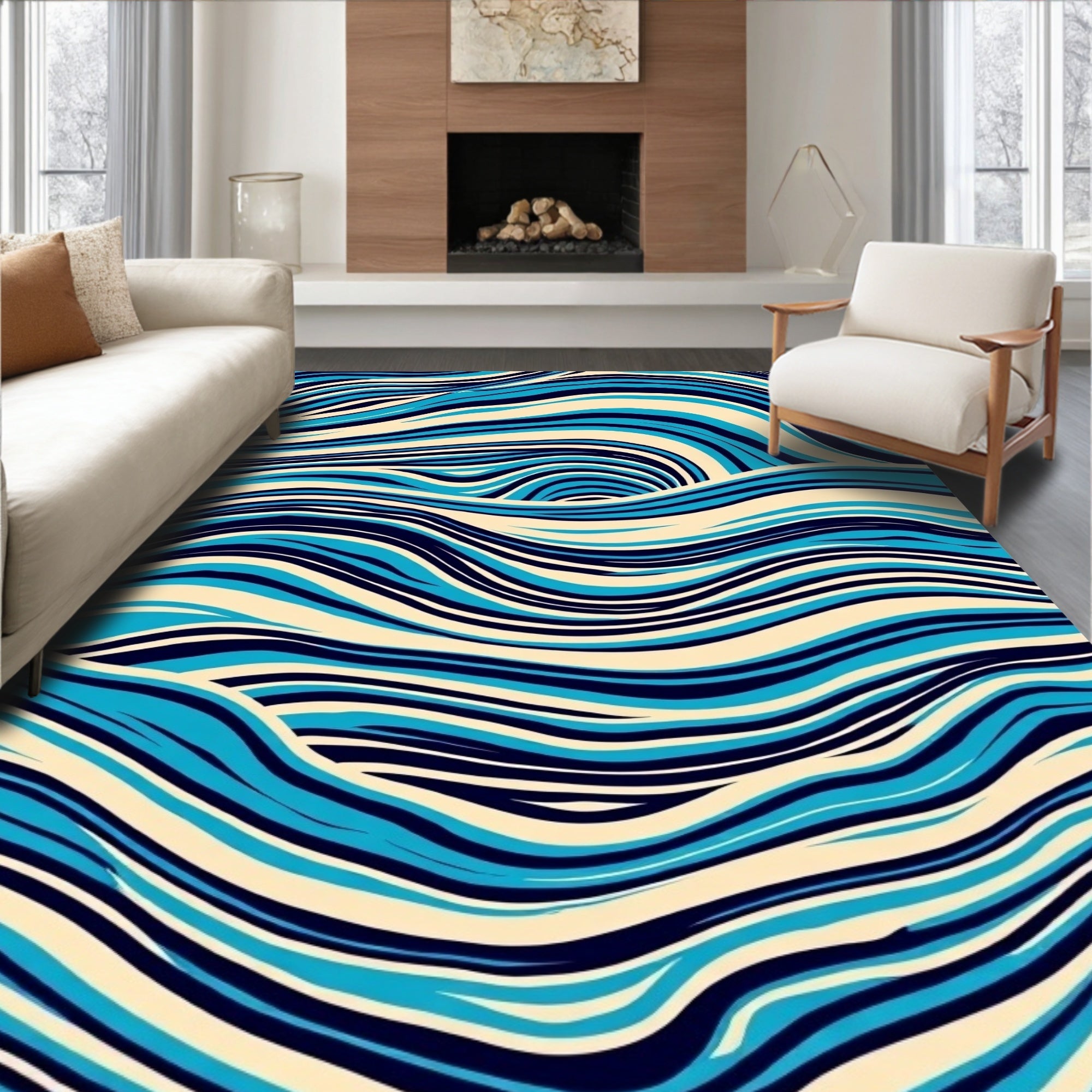 Ocean Blue Swirling Wave Rug