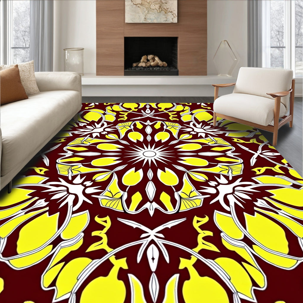 Maroon Yellow White Floral Medallion Rug