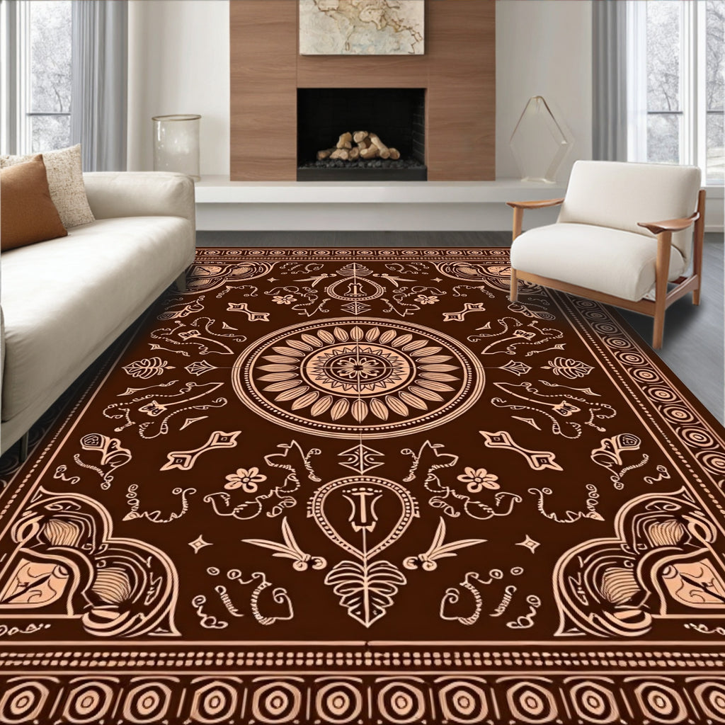 Dark Brown and Tan Sunburst Medallion Border Rug