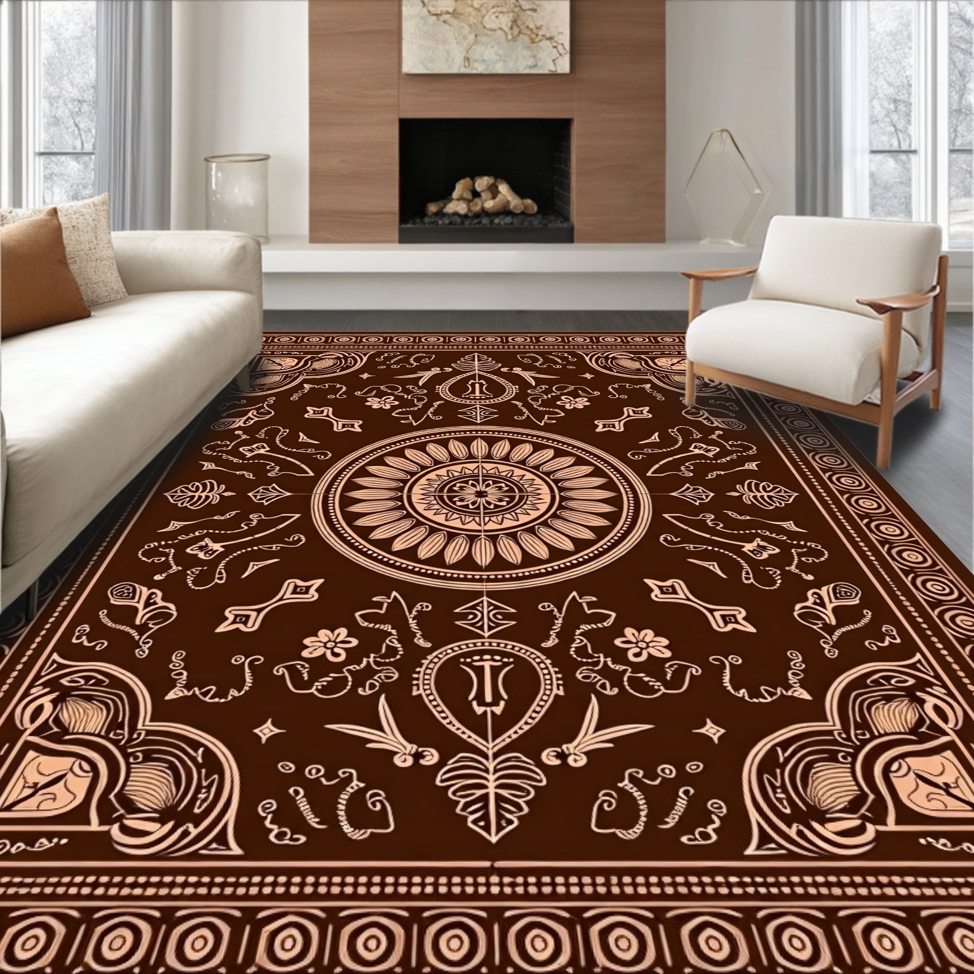 Dark Brown and Tan Sunburst Medallion Border Rug