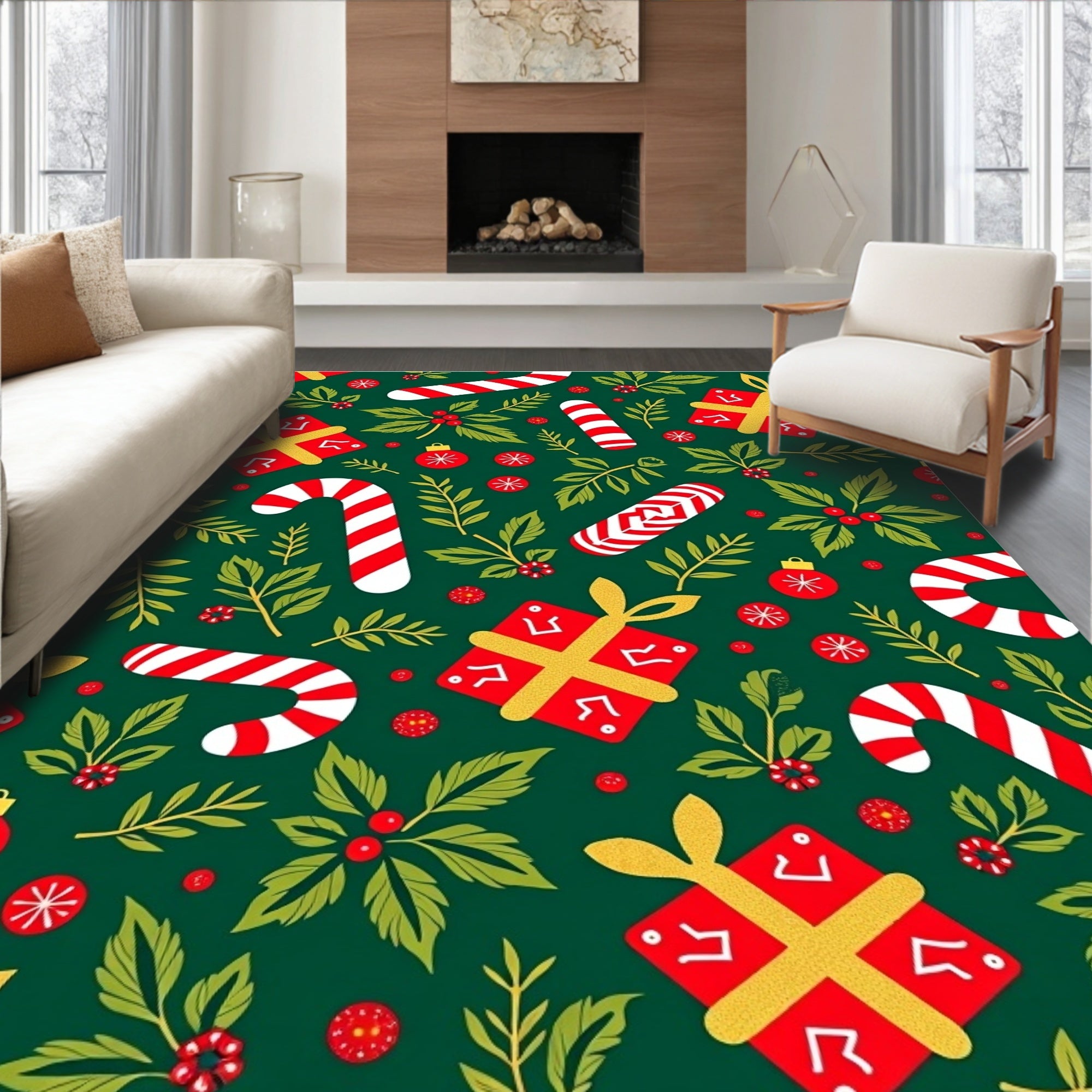 Festive Holly Candy Cane Gift Garland Rug