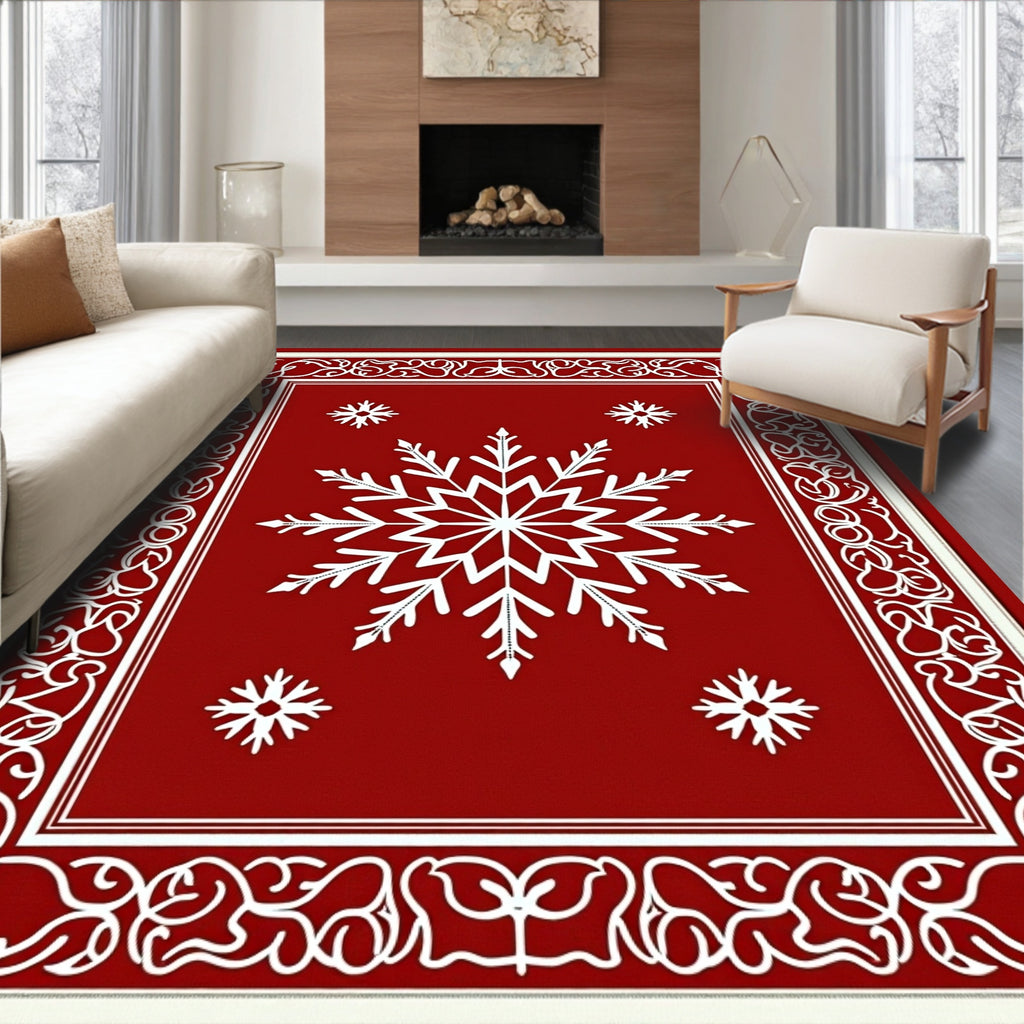 Crimson Snowflake Ornate Border Rug