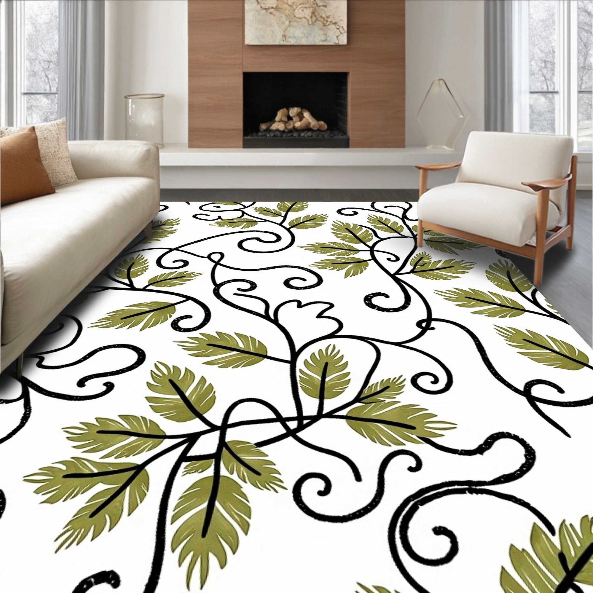 Green Leaf Scrolling Vine Rug