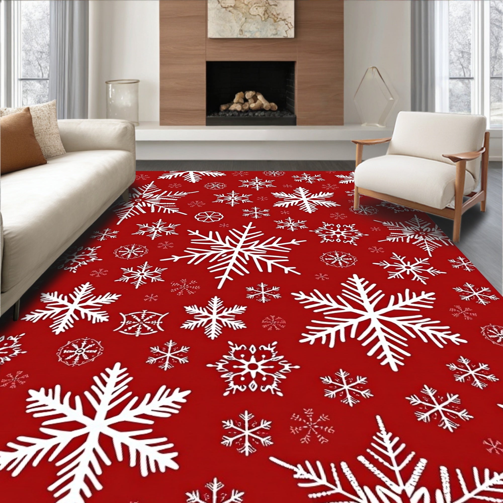 Classic White Snowflakes Red Background Rug
