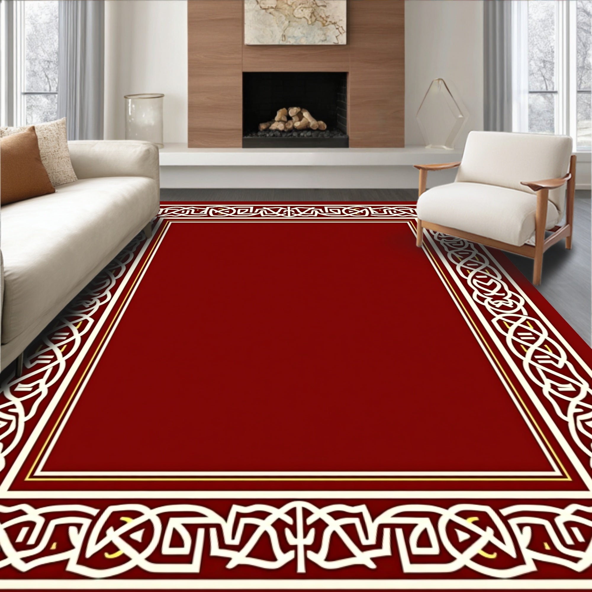 Crimson White Interlocking Knot Border Rug