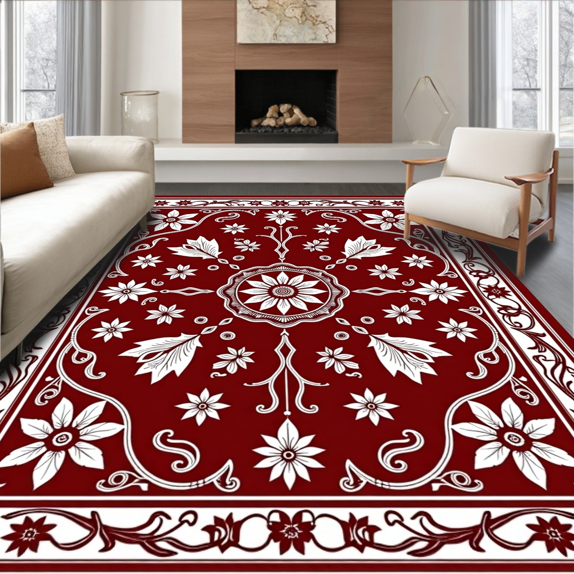 Deep Crimson Floral Medallion Rug