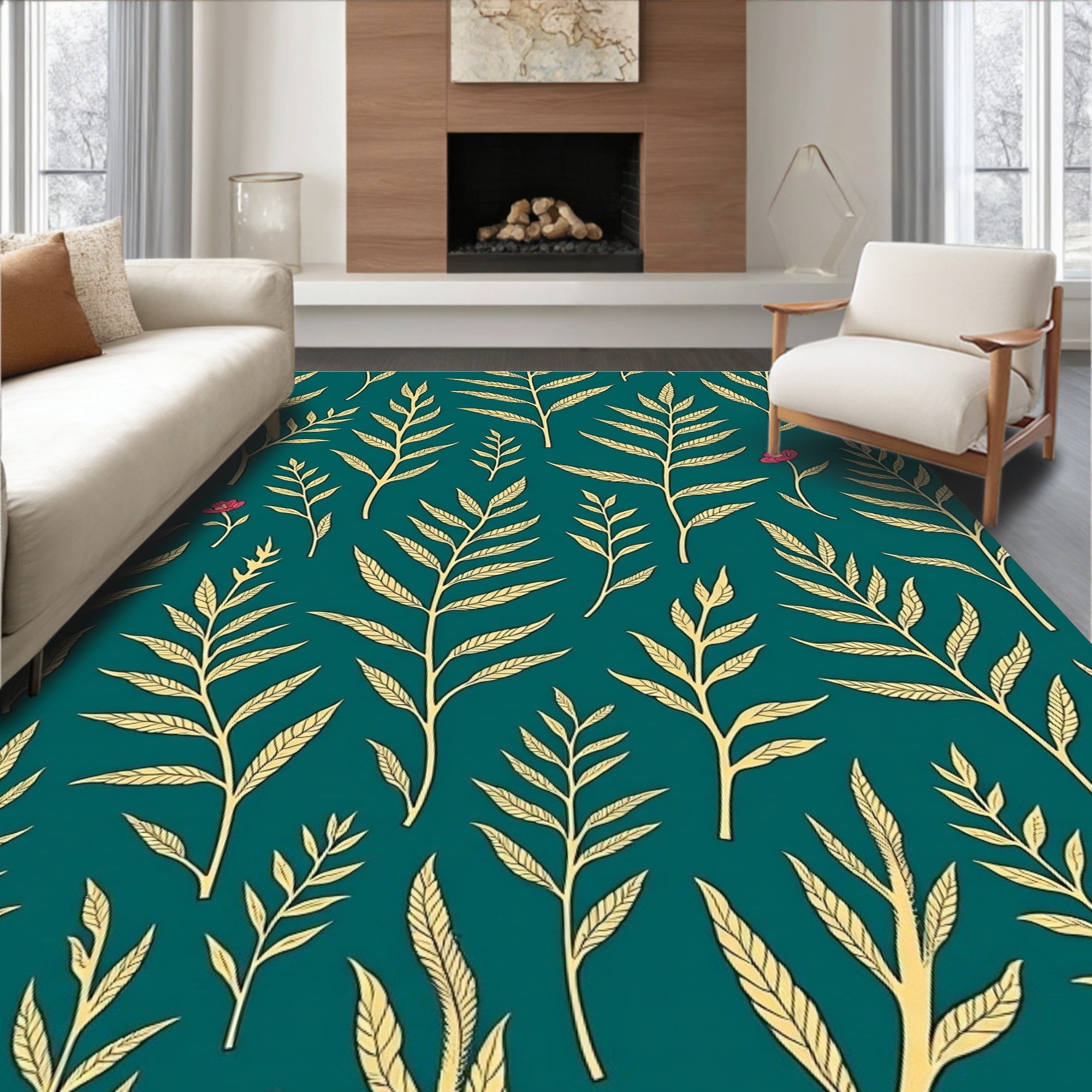 Teal Gold Fern Leaf With Flower Rug