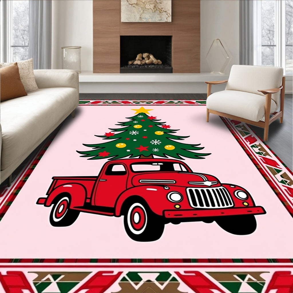 Festive Red Truck Christmas Tree Border Rug