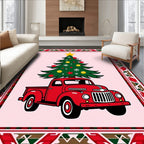 Festive Red Truck Christmas Tree Border Rug